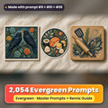November Evergreen prompt library: 2,054 master prompts + Remix Guide, with a UV-printed greeting card, acrylic ornament and mug set made with prompts #6, #61 and #28