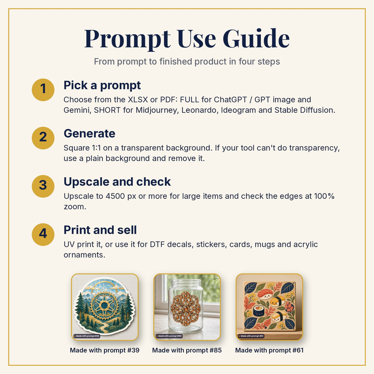 Prompt Use Guide: pick a prompt, generate, upscale and check, then print and sell, with example products made with prompts #39, #85 and #61
