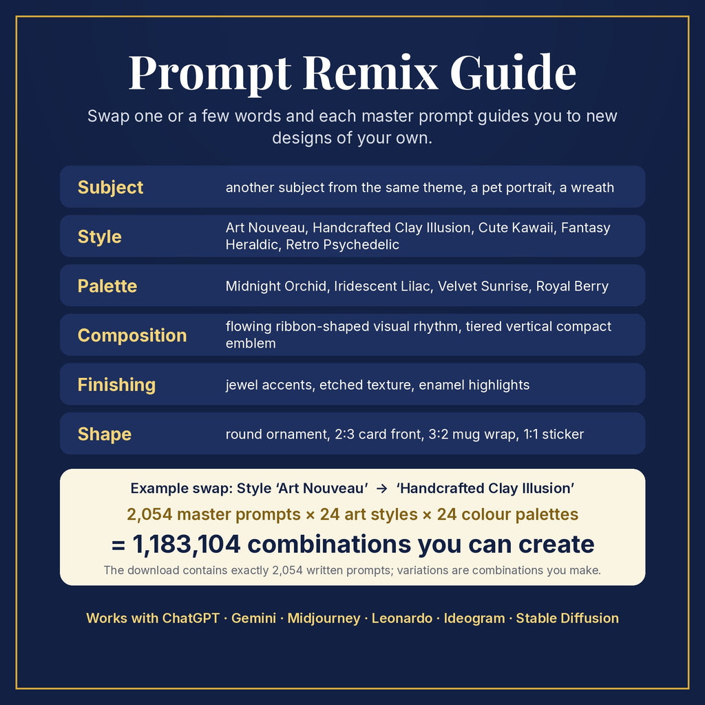 Prompt Remix Guide: swap subject, style, palette, composition, finishing and shape; 2,054 master prompts × 24 styles × 24 palettes = 1,183,104 combinations you can create