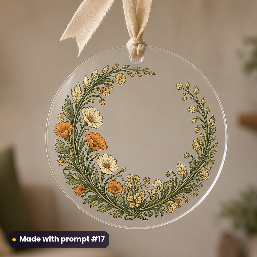 Botanical Illustration artwork printed on a UV-printed clear acrylic ornament: wildflower crescent, art nouveau style, made with prompt #17 from this pack