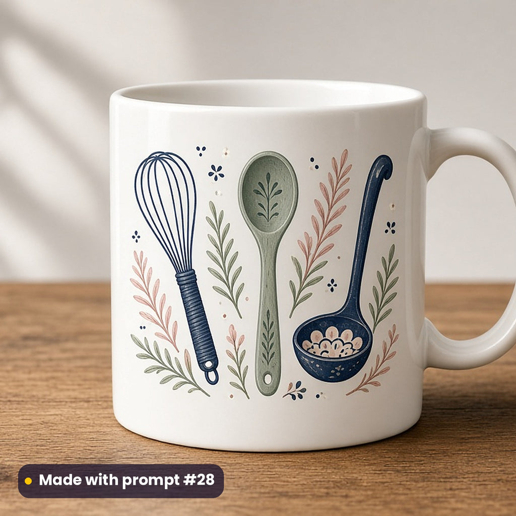 Trades & Careers artwork printed on a UV-printed ceramic mug: chef tools and rosemary, folk art style, made with prompt #28 from this pack