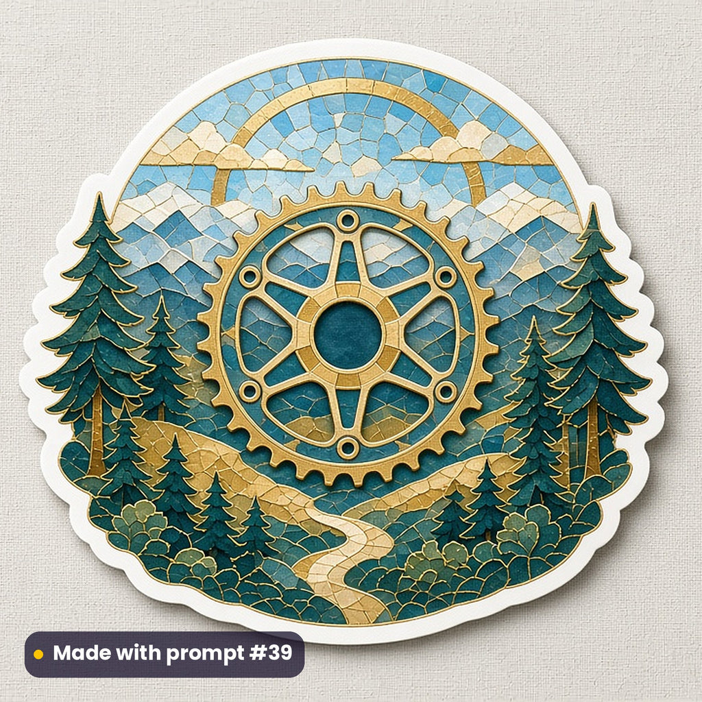 Sports & Hobbies artwork printed on a die-cut vinyl sticker: mountain bike gear crest, mosaic jewel style, made with prompt #39 from this pack