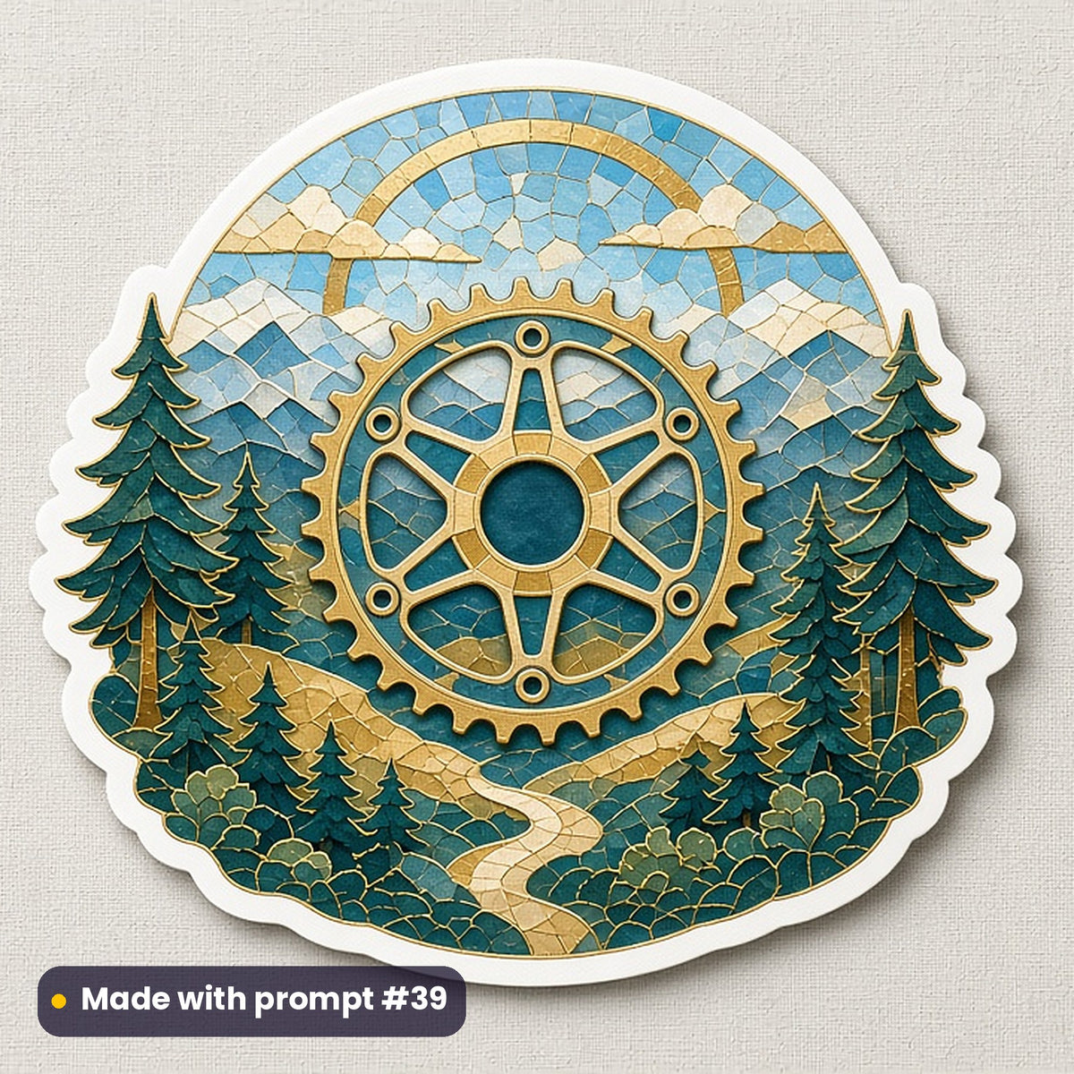 Sports & Hobbies artwork printed on a die-cut vinyl sticker: mountain bike gear crest, mosaic jewel style, made with prompt #39 from this pack