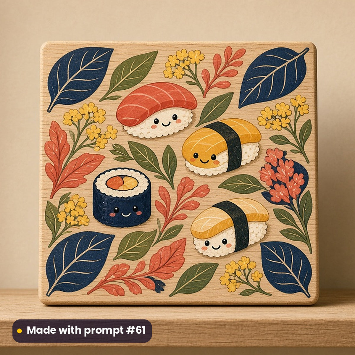 Food & Sweet Treats artwork printed on a UV-printed wooden plaque: happy sushi creatures, vintage botanical style, made with prompt #61 from this pack