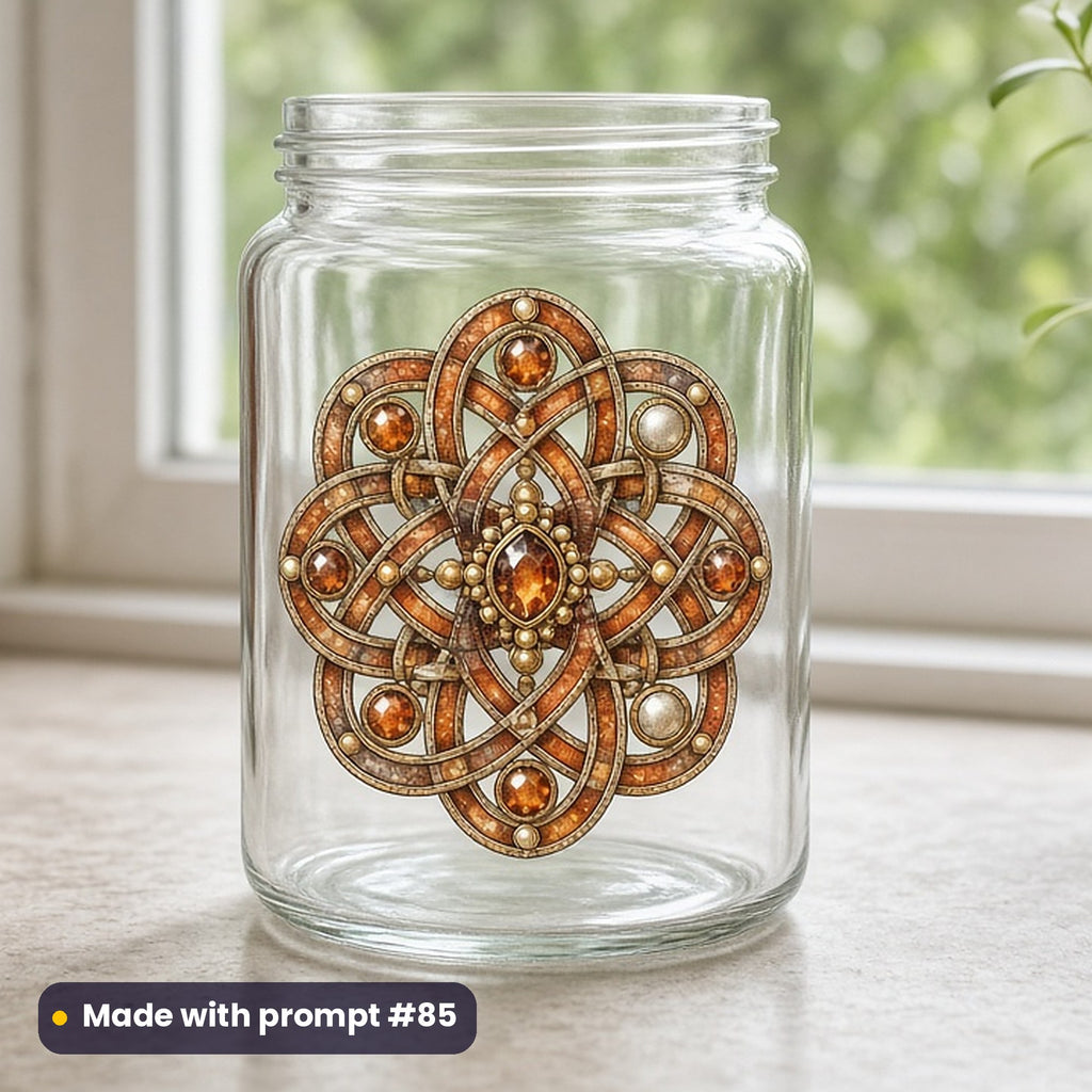 Geometric & Ornament artwork printed on a UV DTF decal on glass: jewel-encrusted ornamental knot, watercolour & ink style, made with prompt #85 from this pack