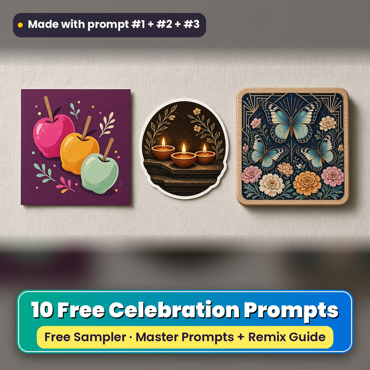 Worldwide Celebrations Free Prompt Sampler prompt pack: 10 master prompts + Remix Guide, with a UV-printed greeting card, acrylic ornament and mug set made with prompts #1, #2 and #3