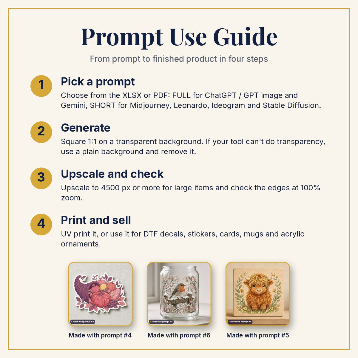 Prompt Use Guide: pick a prompt, generate, upscale and check, then print and sell, with example products made with prompts #4, #6 and #5