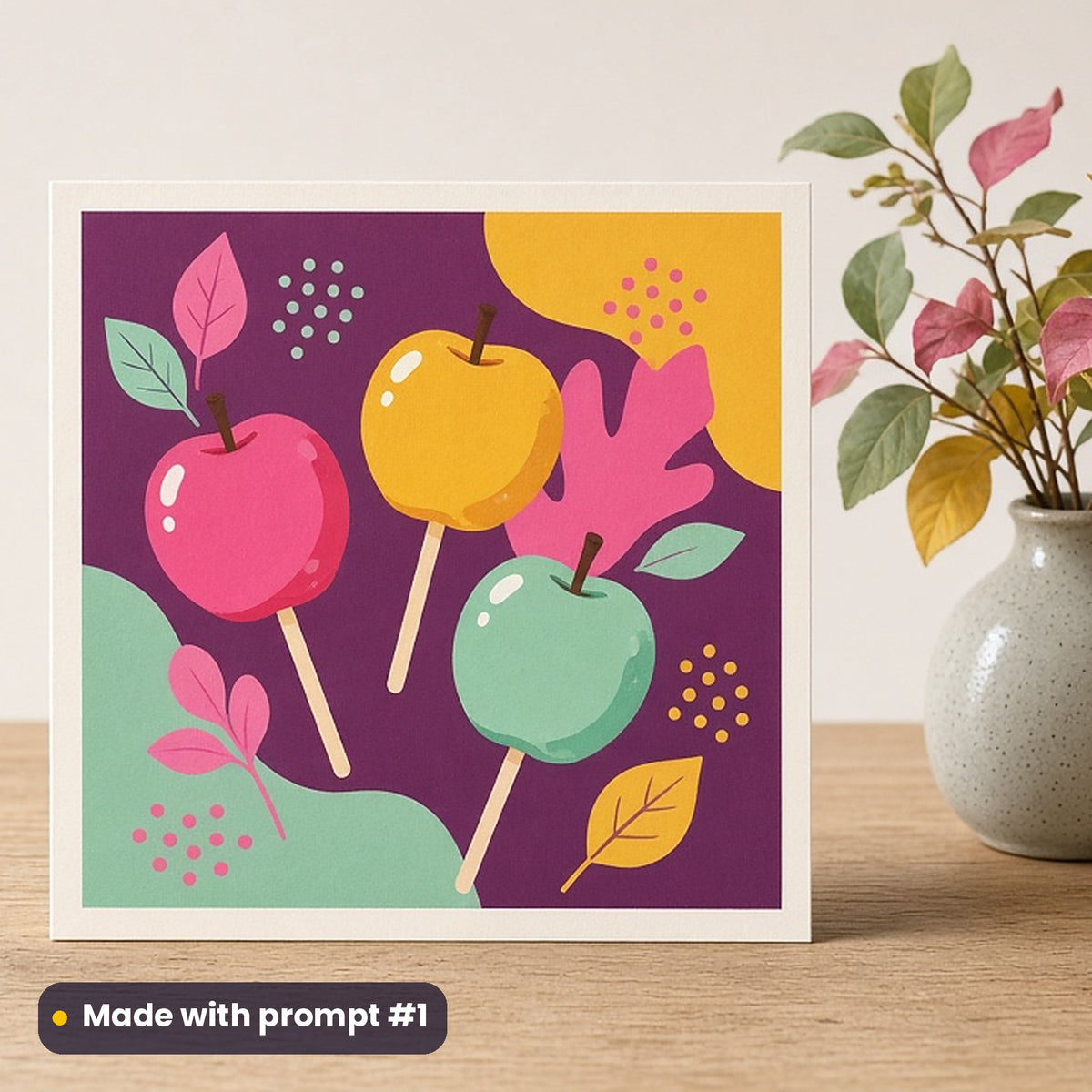 Bonfire Night artwork printed on a flat-printed greeting card: toffee apples on sticks, minimal bold graphic style, made with prompt #1 from this pack