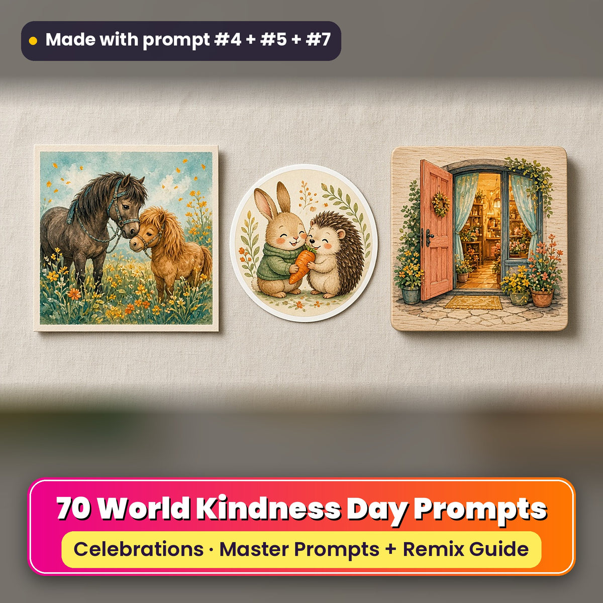 World Kindness Day prompt pack: 70 master prompts + Remix Guide, with a UV-printed greeting card, acrylic ornament and mug set made with prompts #4, #5 and #7