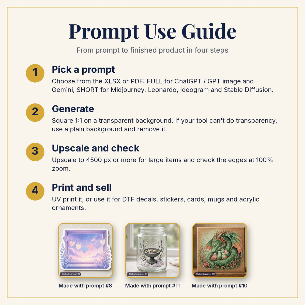 Prompt Use Guide: pick a prompt, generate, upscale and check, then print and sell, with example products made with prompts #8, #11 and #10