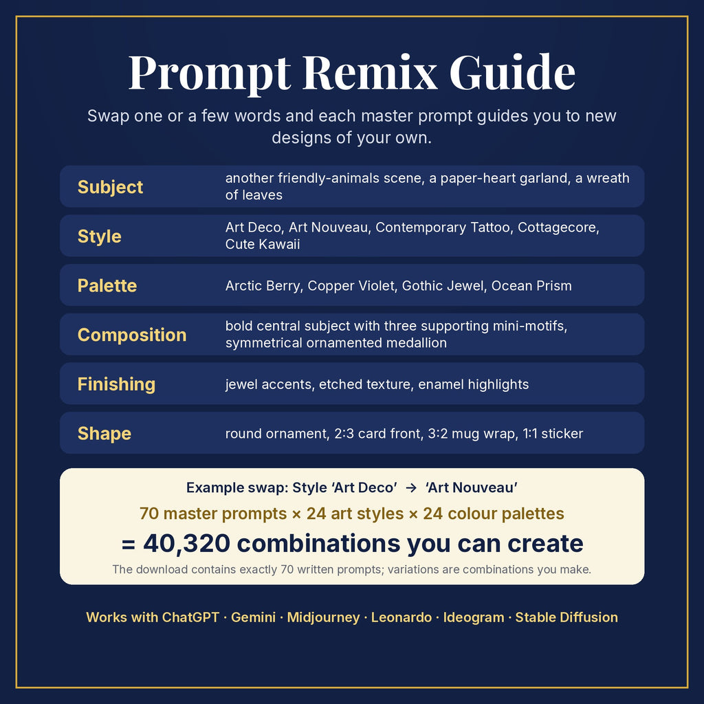 Prompt Remix Guide: swap subject, style, palette, composition, finishing and shape; 70 master prompts × 24 styles × 24 palettes = 40,320 combinations you can create
