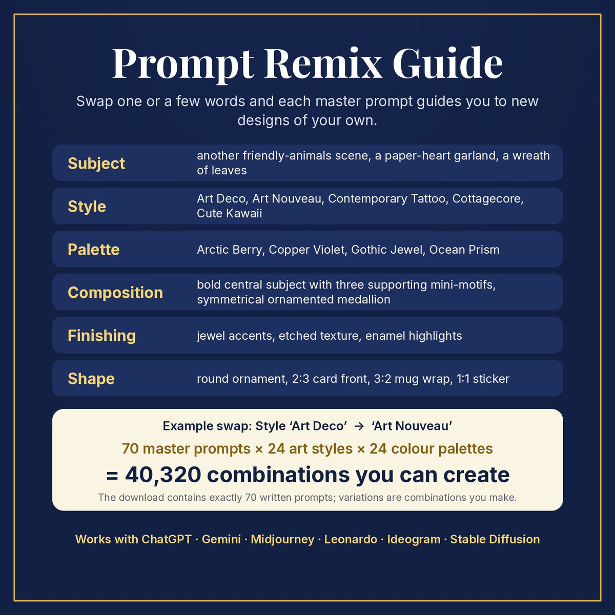 Prompt Remix Guide: swap subject, style, palette, composition, finishing and shape; 70 master prompts × 24 styles × 24 palettes = 40,320 combinations you can create