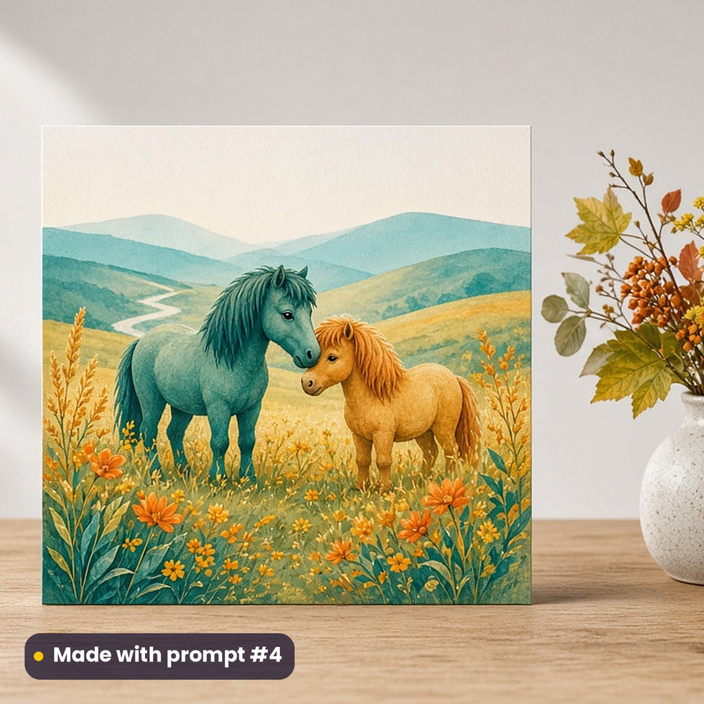 World Kindness Day artwork printed on a flat-printed greeting card: horse nuzzling a small pony, cottagecore style, made with prompt #4 from this pack