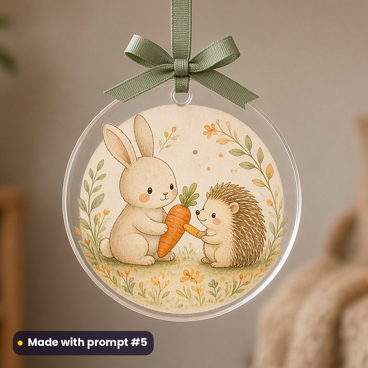 World Kindness Day artwork printed on a UV-printed clear acrylic ornament: rabbit sharing a carrot with a hedgehog, cute kawaii style, made with prompt #5 from this pack