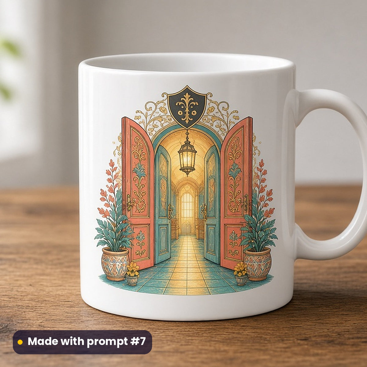 World Kindness Day artwork printed on a UV-printed ceramic mug: open café door glowing with welcome, fantasy heraldic style, made with prompt #7 from this pack