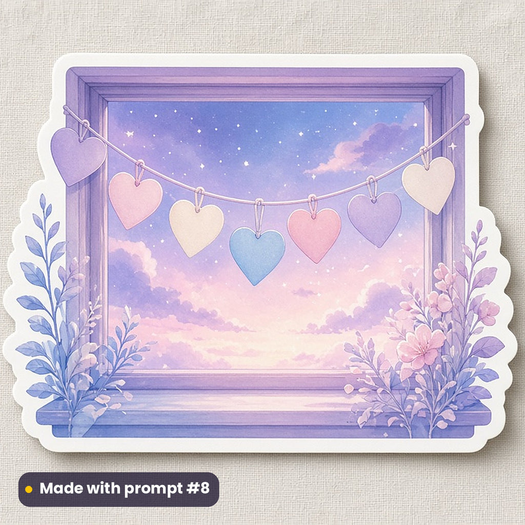 World Kindness Day artwork printed on a die-cut vinyl sticker: string of paper hearts across a window, fantasy luminous style, made with prompt #8 from this pack