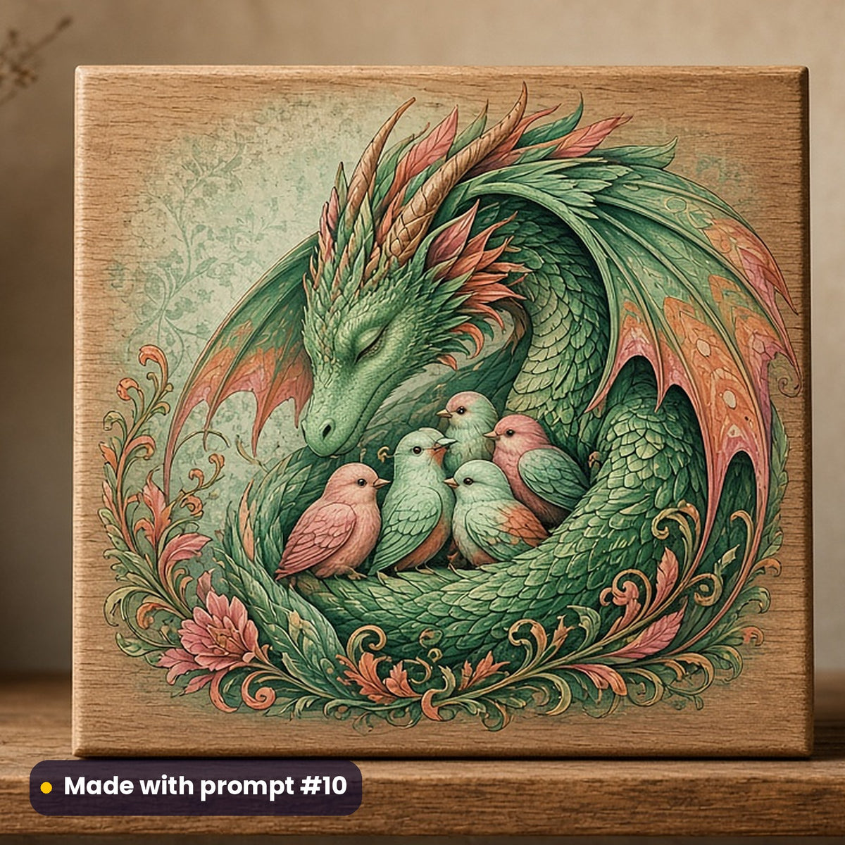 World Kindness Day artwork printed on a UV-printed wooden plaque: dragon sheltering little birds under its wing, gothic romantic style, made with prompt #10 from this pack