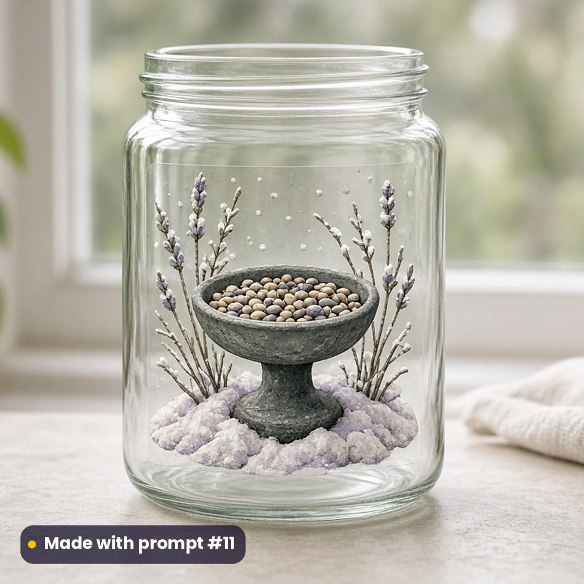 World Kindness Day artwork printed on a UV DTF decal on glass: bird feeder full of seeds in winter, handcrafted clay illusion style, made with prompt #11 from this pack