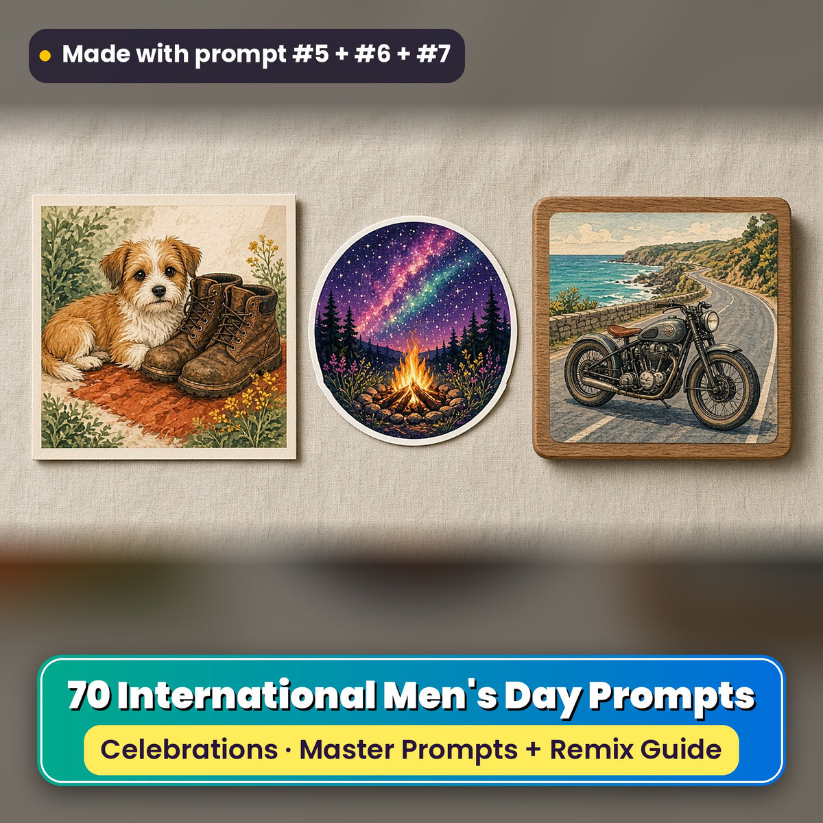 International Men's Day prompt pack: 70 master prompts + Remix Guide, with a UV-printed greeting card, acrylic ornament and mug set made with prompts #5, #6 and #7