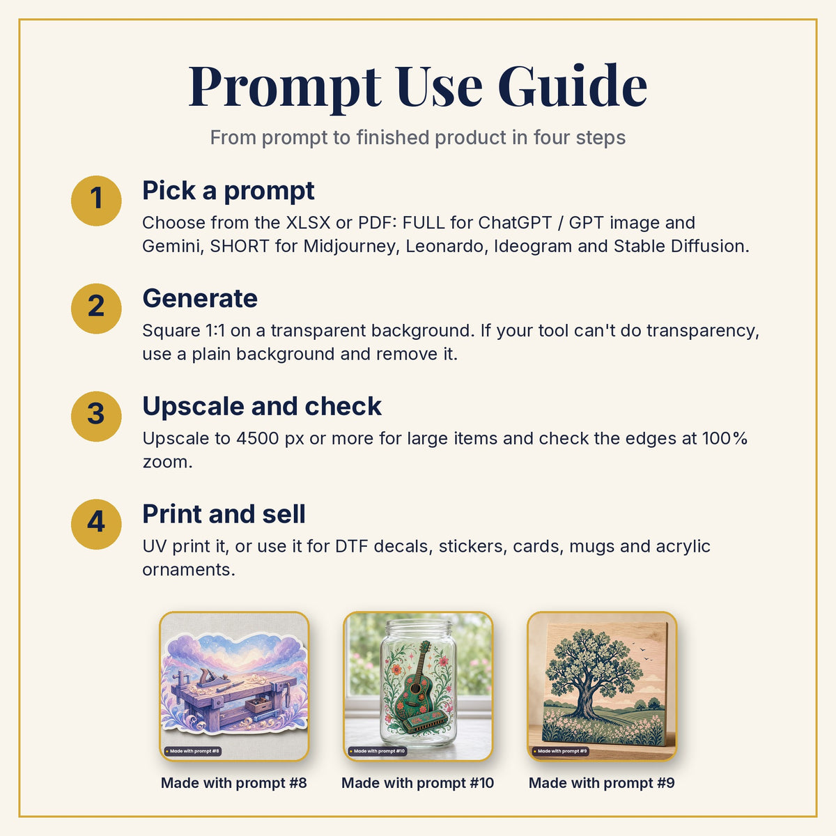 Prompt Use Guide: pick a prompt, generate, upscale and check, then print and sell, with example products made with prompts #8, #10 and #9