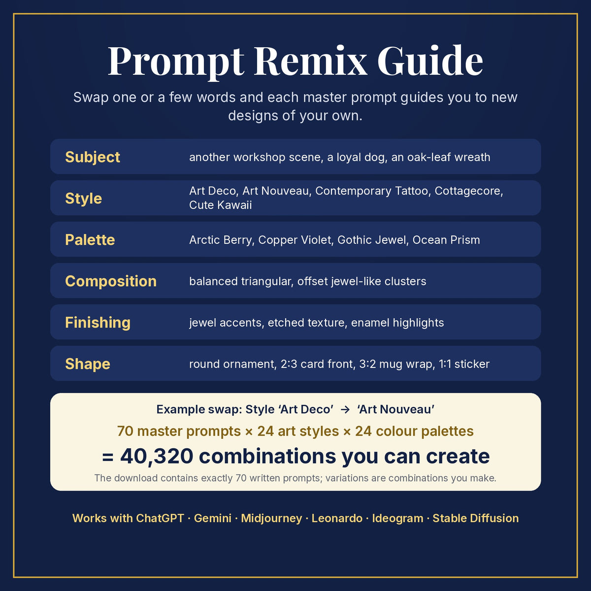 Prompt Remix Guide: swap subject, style, palette, composition, finishing and shape; 70 master prompts × 24 styles × 24 palettes = 40,320 combinations you can create