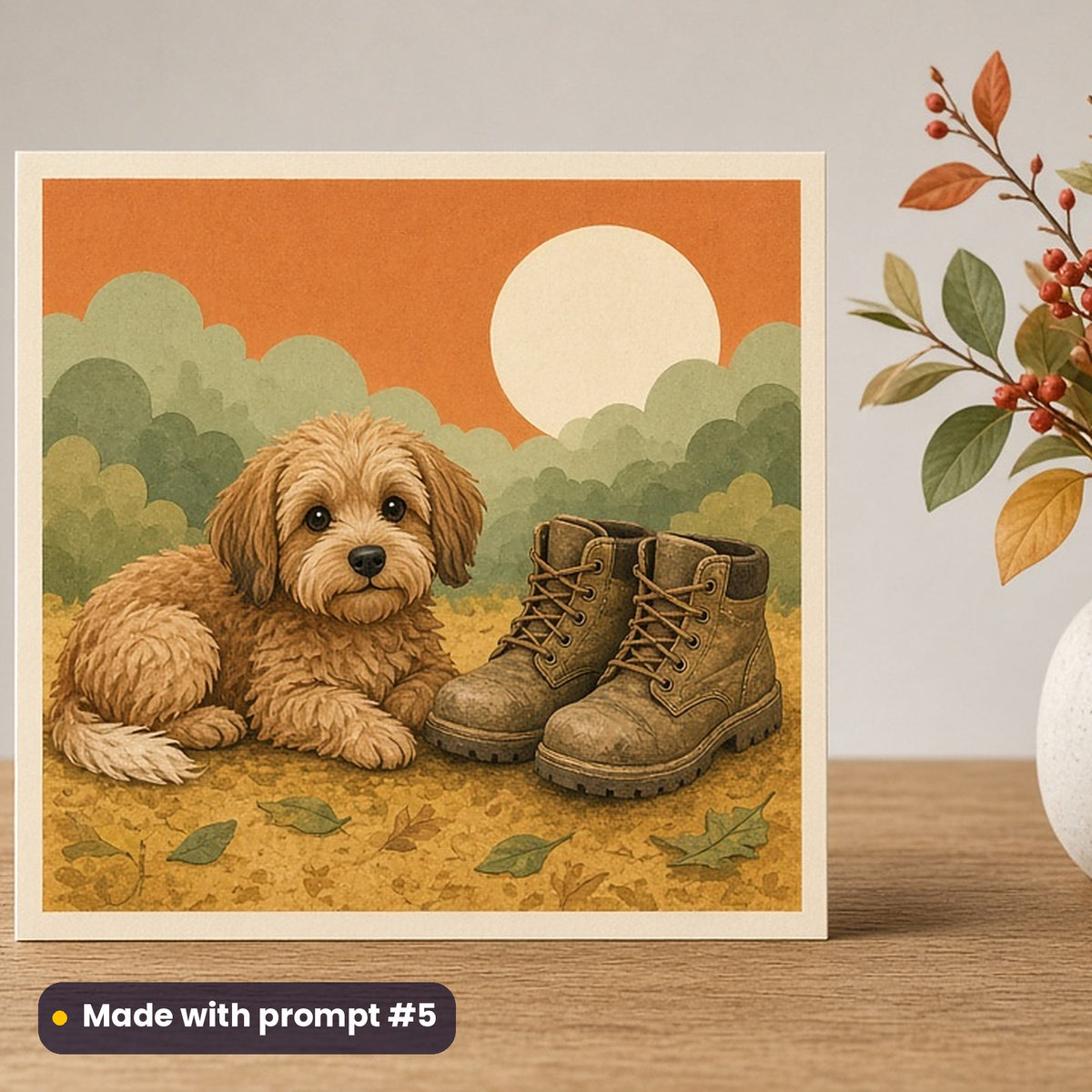 International Men's Day artwork printed on a flat-printed greeting card: loyal dog lying beside work boots, cute kawaii style, made with prompt #5 from this pack