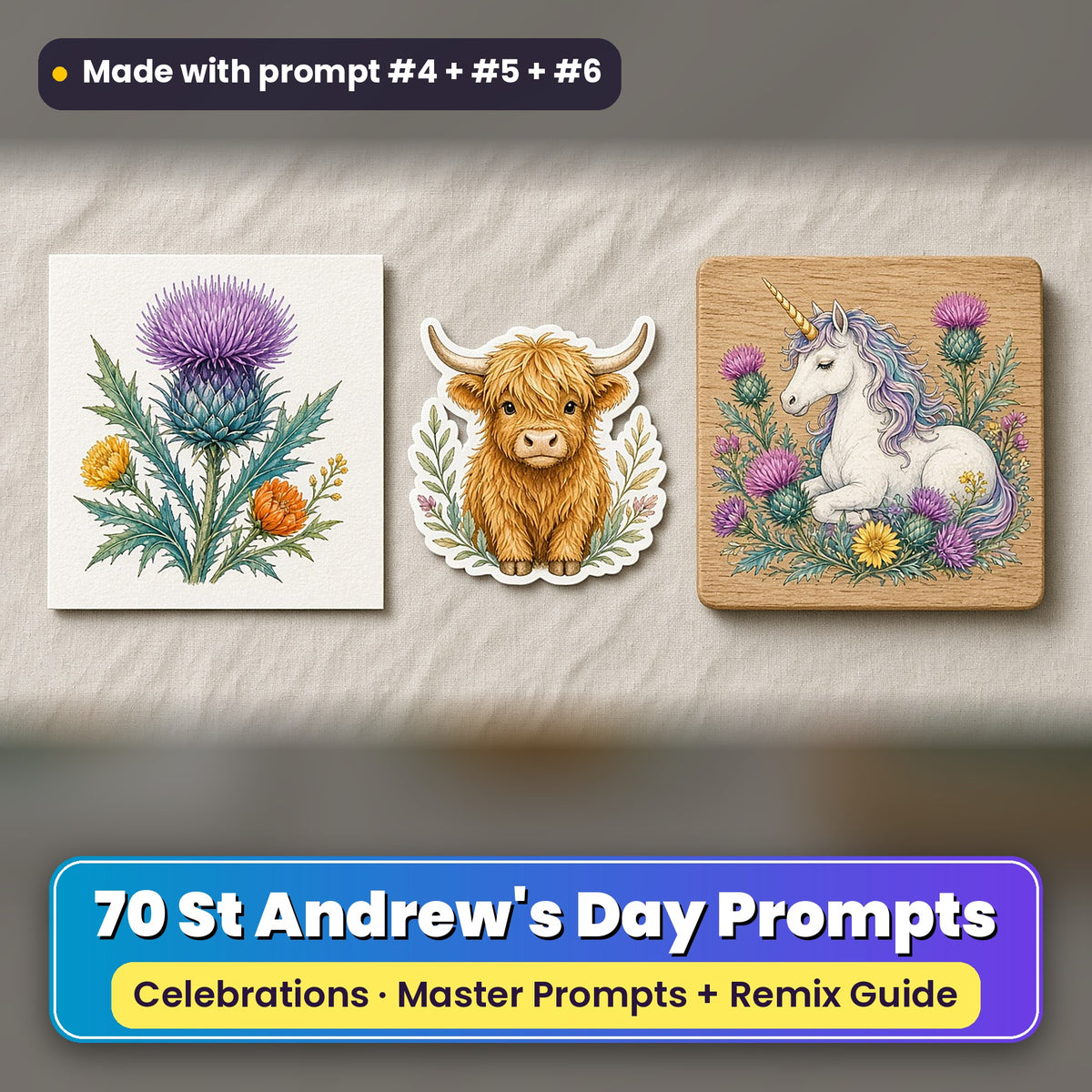St Andrew's Day prompt pack: 70 master prompts + Remix Guide, with a UV-printed greeting card, acrylic ornament and mug set made with prompts #4, #5 and #6