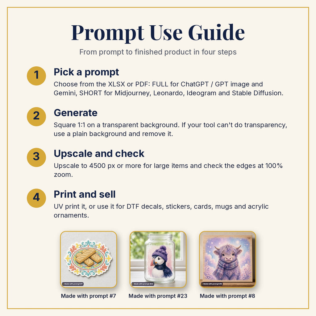 Prompt Use Guide: pick a prompt, generate, upscale and check, then print and sell, with example products made with prompts #7, #23 and #8