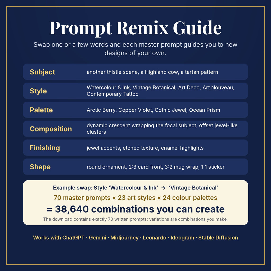 Prompt Remix Guide: swap subject, style, palette, composition, finishing and shape; 70 master prompts × 23 styles × 24 palettes = 38,640 combinations you can create