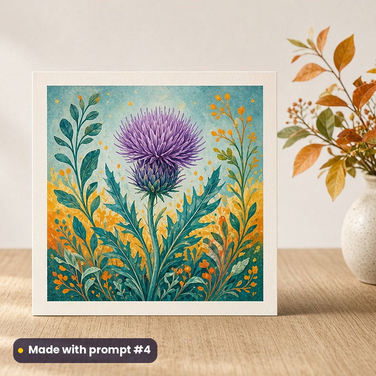 St Andrew's Day artwork printed on a flat-printed greeting card: purple thistle in bloom, cottagecore style, made with prompt #4 from this pack