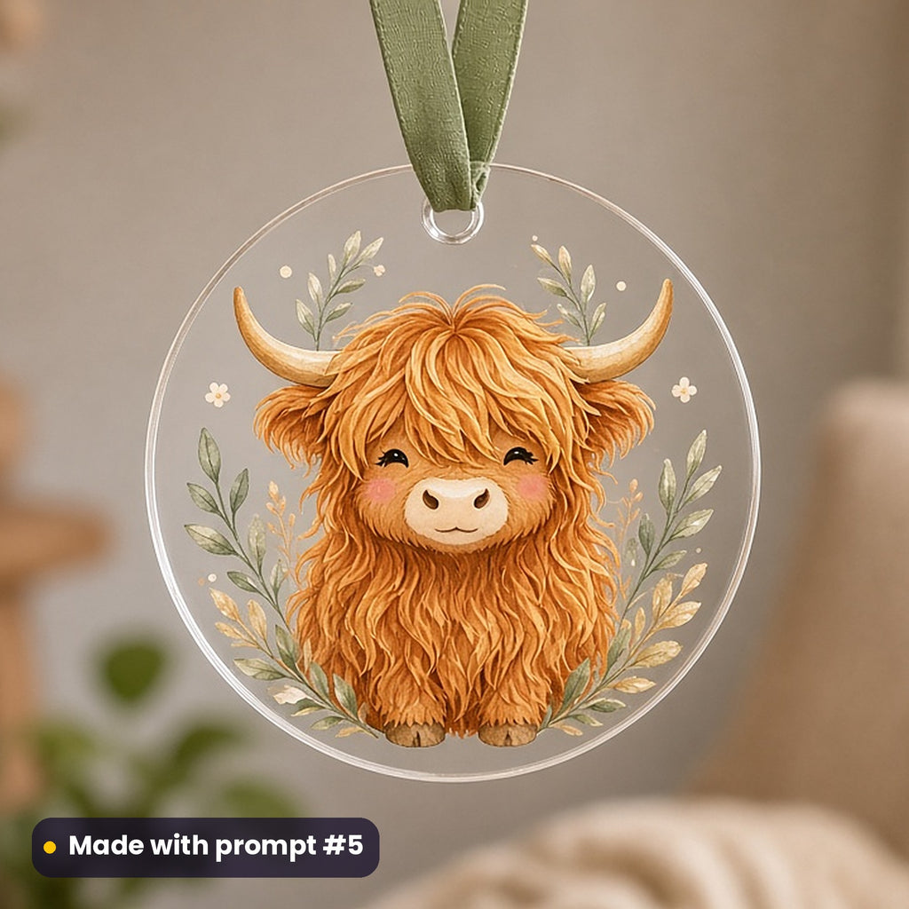 St Andrew's Day artwork printed on a UV-printed clear acrylic ornament: Highland cow with a shaggy fringe, cute kawaii style, made with prompt #5 from this pack