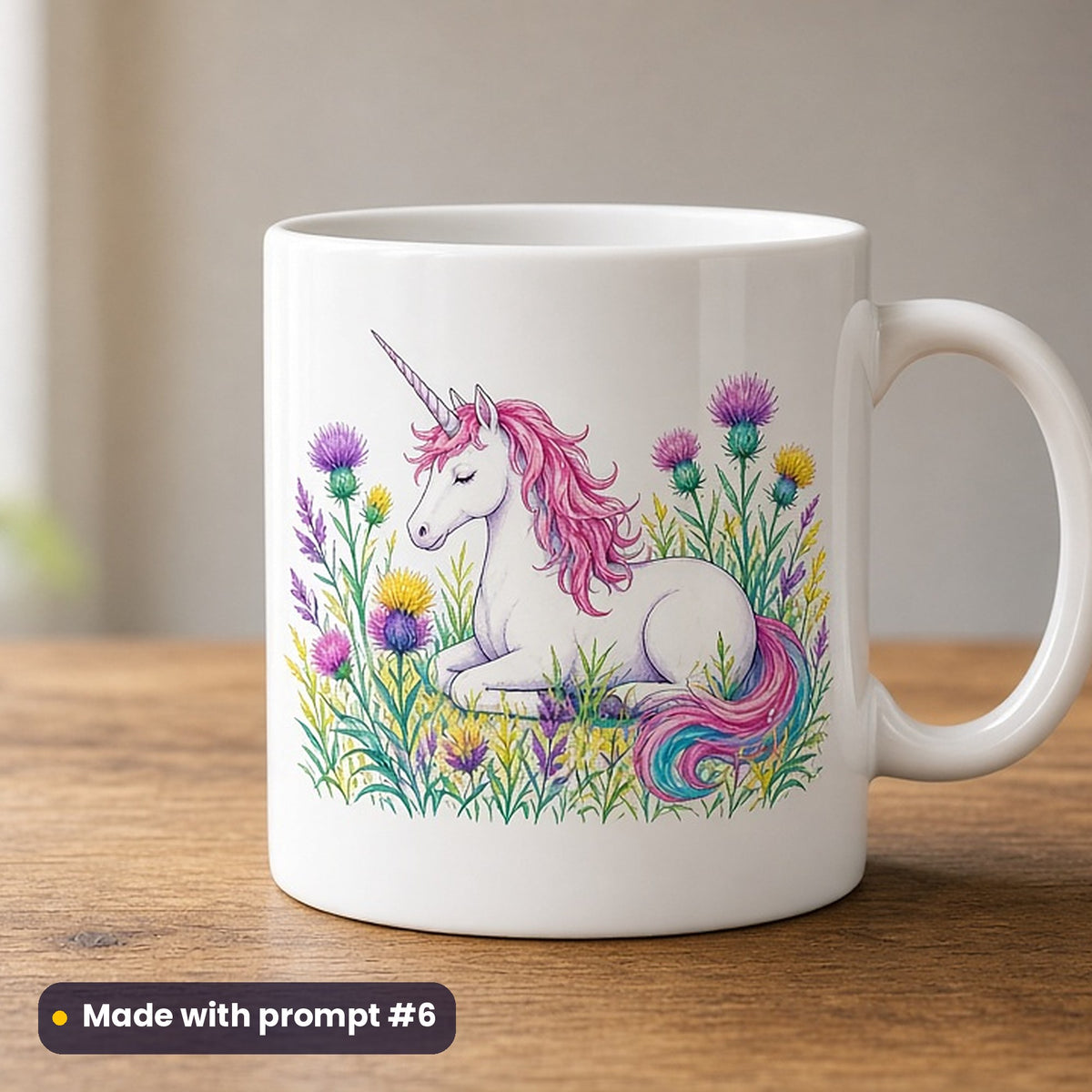 St Andrew's Day artwork printed on a UV-printed ceramic mug: unicorn resting among thistles, elegant line & floral style, made with prompt #6 from this pack