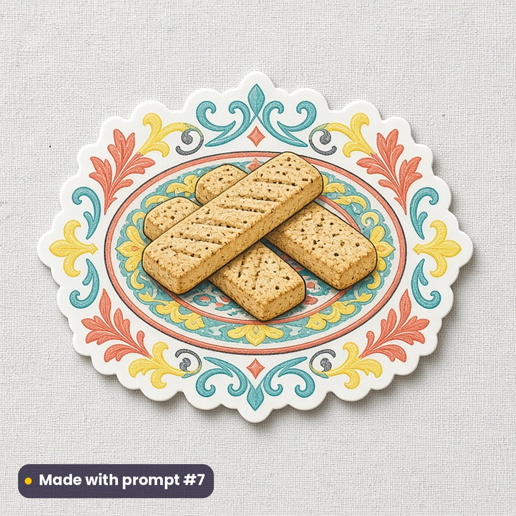 St Andrew's Day artwork printed on a die-cut vinyl sticker: shortbread fingers on a plate, watercolour & ink style, made with prompt #7 from this pack