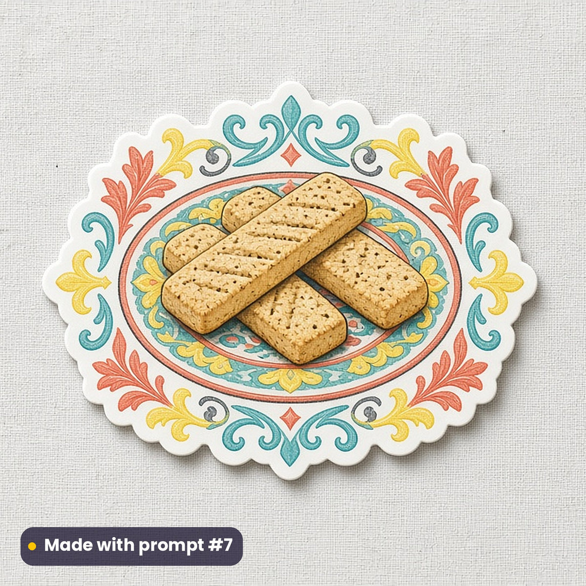 St Andrew's Day artwork printed on a die-cut vinyl sticker: shortbread fingers on a plate, watercolour & ink style, made with prompt #7 from this pack