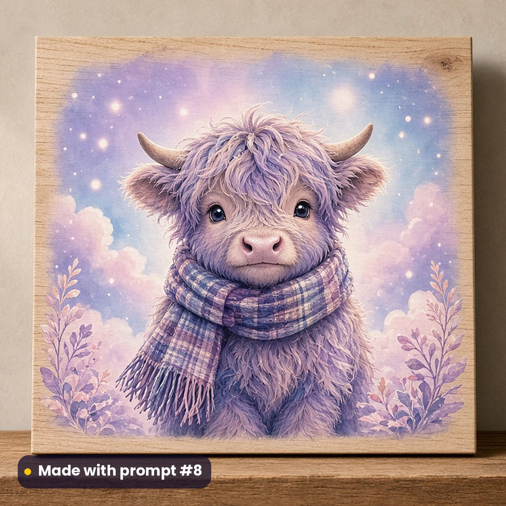 St Andrew's Day artwork printed on a UV-printed wooden plaque: cute Highland calf in a tartan scarf, fantasy luminous style, made with prompt #8 from this pack
