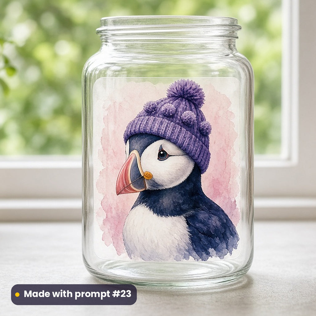 St Andrew's Day artwork printed on a UV DTF decal on glass: cute puffin in a bobble hat, watercolour & ink style, made with prompt #23 from this pack