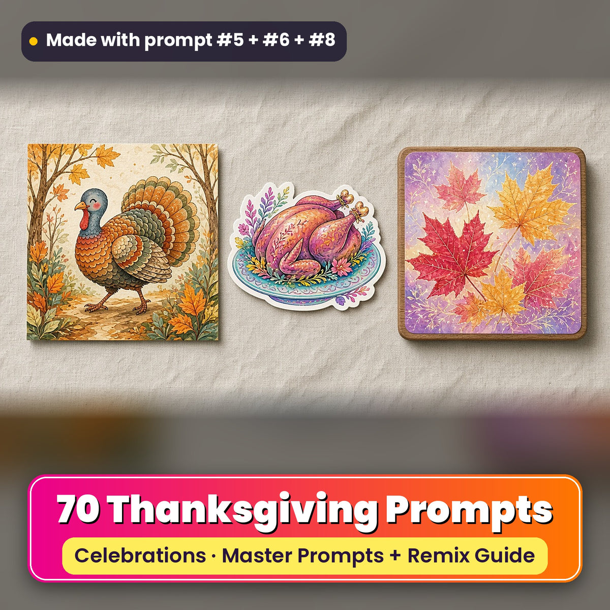 Thanksgiving prompt pack: 70 master prompts + Remix Guide, with a UV-printed greeting card, acrylic ornament and mug set made with prompts #5, #6 and #8