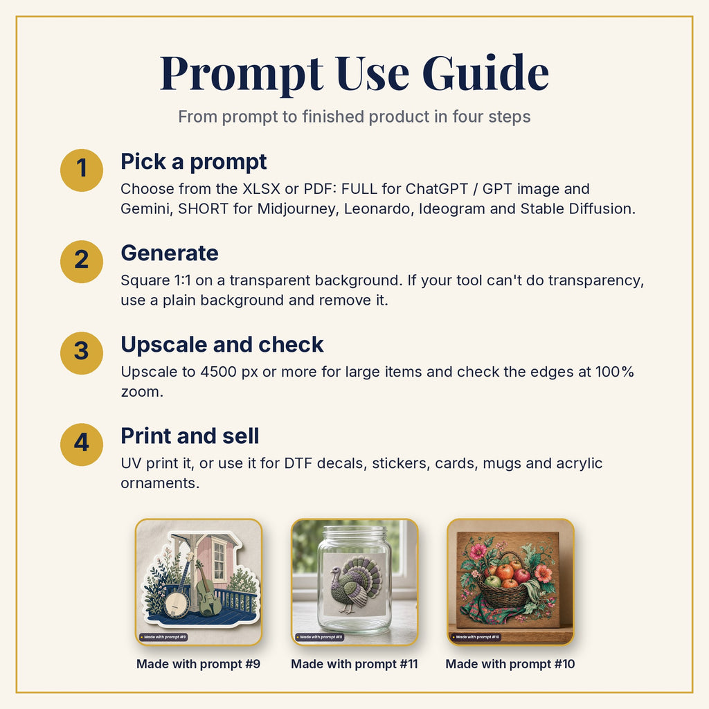 Prompt Use Guide: pick a prompt, generate, upscale and check, then print and sell, with example products made with prompts #9, #11 and #10