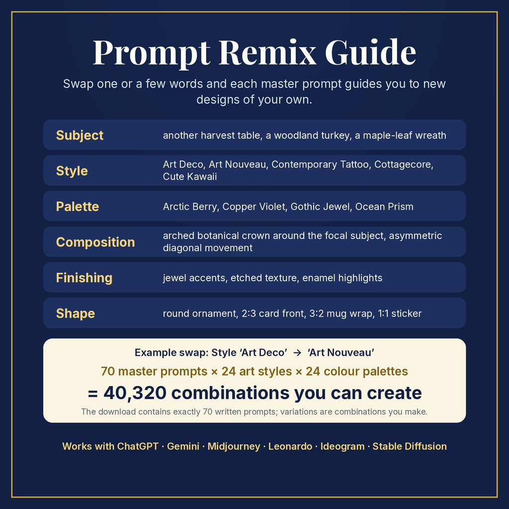 Prompt Remix Guide: swap subject, style, palette, composition, finishing and shape; 70 master prompts × 24 styles × 24 palettes = 40,320 combinations you can create