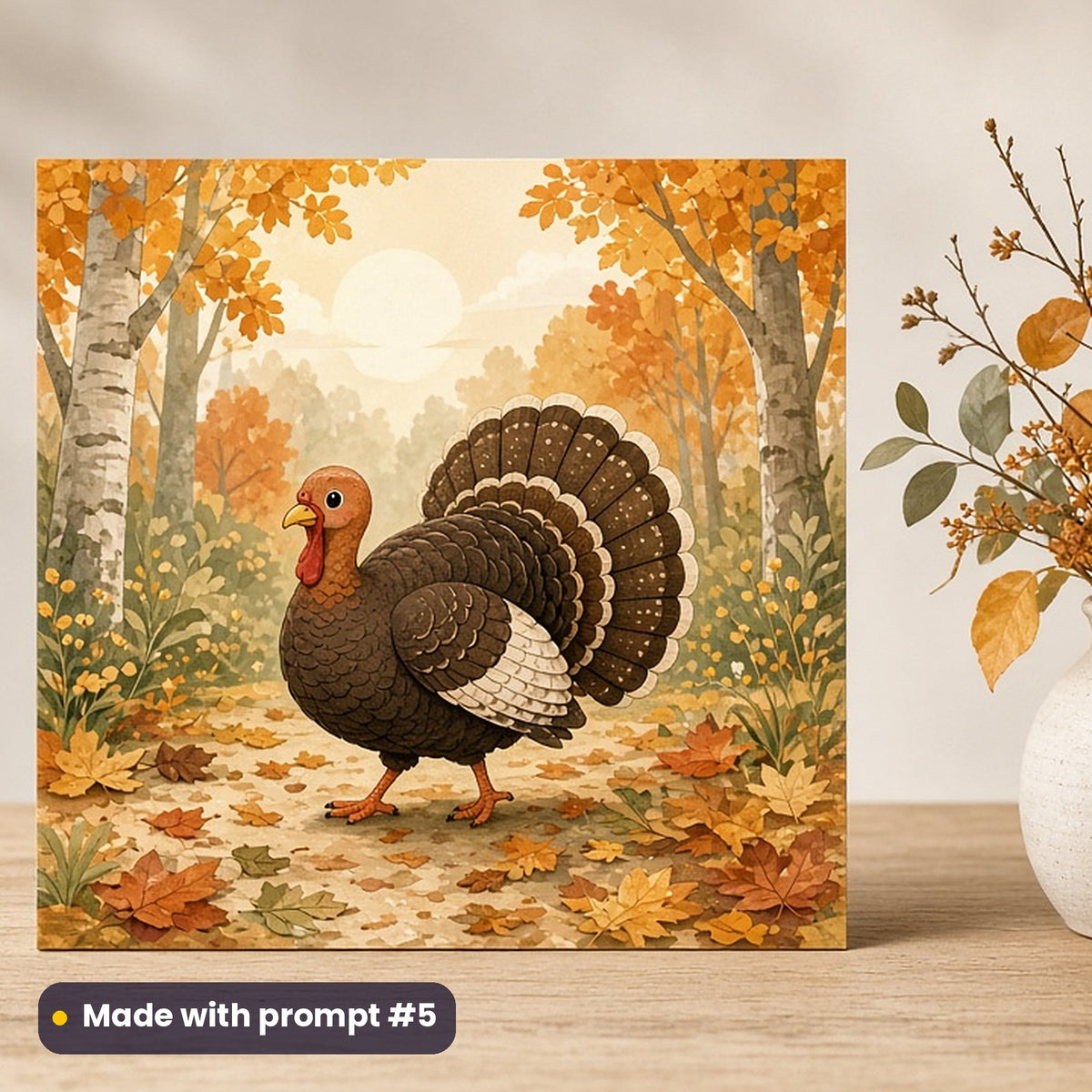 Thanksgiving artwork printed on a flat-printed greeting card: wild turkey strutting through autumn woods, cute kawaii style, made with prompt #5 from this pack