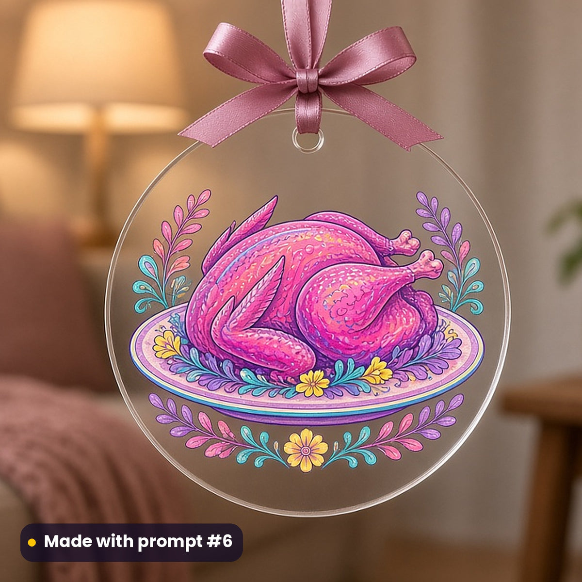 Thanksgiving artwork printed on a UV-printed clear acrylic ornament: roast turkey on a platter with herbs, elegant line & floral style, made with prompt #6 from this pack