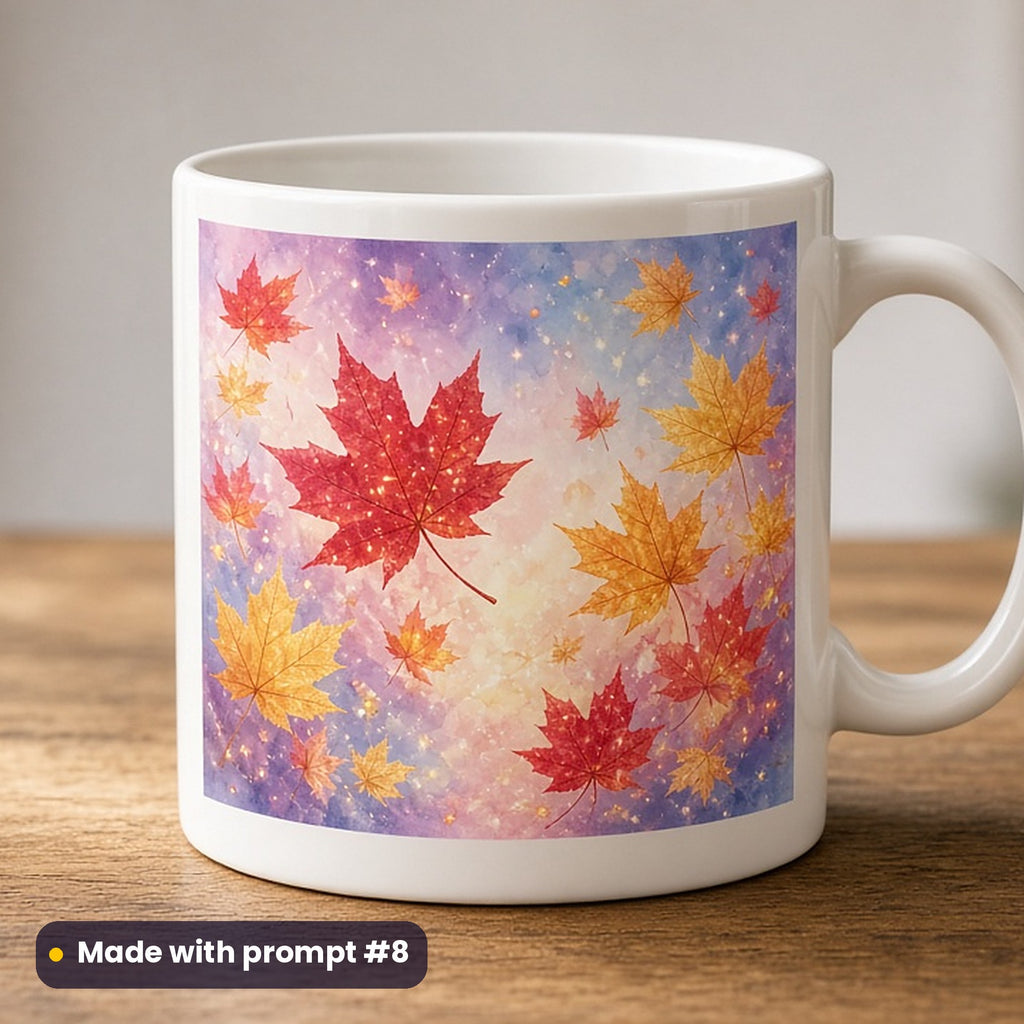 Thanksgiving artwork printed on a UV-printed ceramic mug: maple leaves in red and gold, fantasy luminous style, made with prompt #8 from this pack