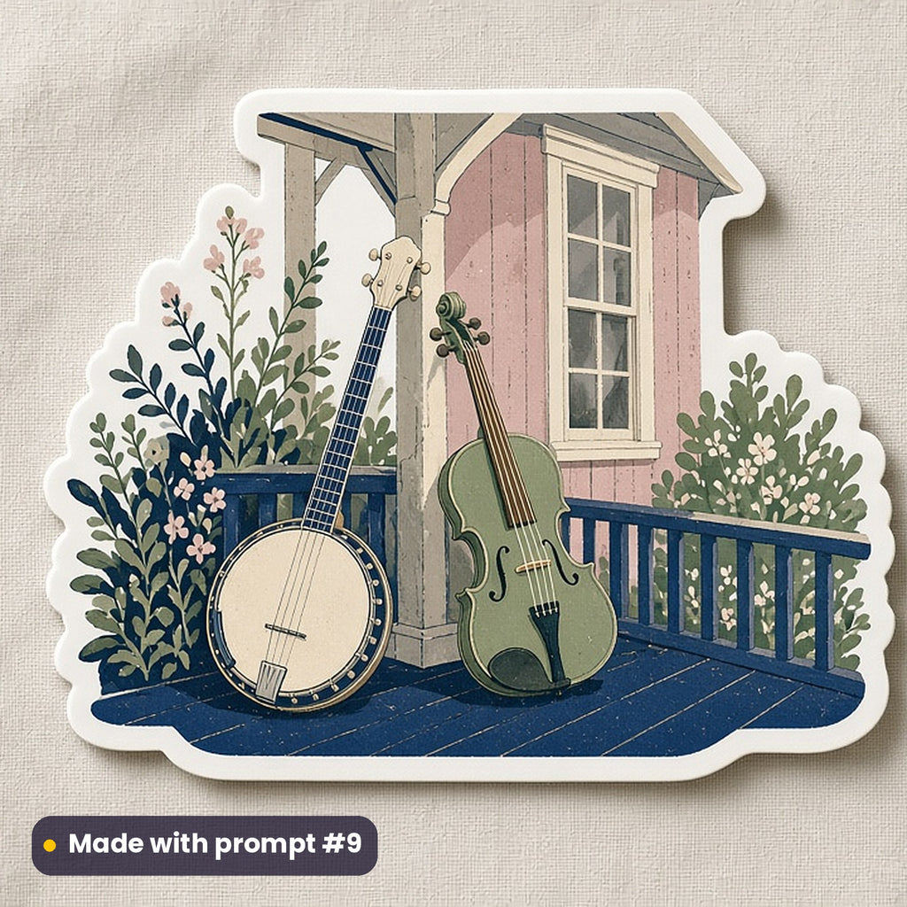 Thanksgiving artwork printed on a die-cut vinyl sticker: banjo and fiddle on a porch, folk art style, made with prompt #9 from this pack