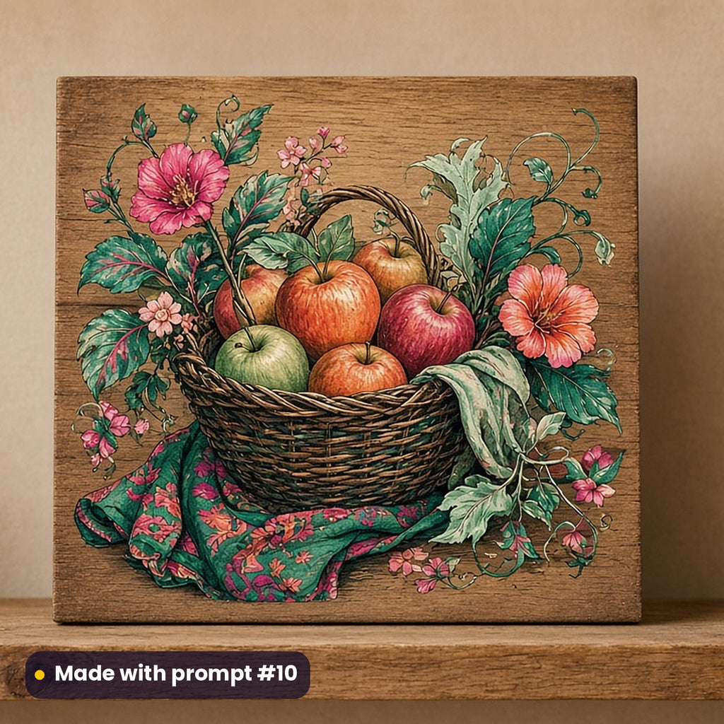 Thanksgiving artwork printed on a UV-printed wooden plaque: vintage harvest basket of apples, gothic romantic style, made with prompt #10 from this pack