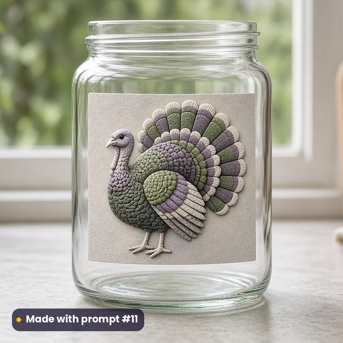 Thanksgiving artwork printed on a UV DTF decal on glass: turkey with fanned tail feathers, handcrafted clay illusion style, made with prompt #11 from this pack