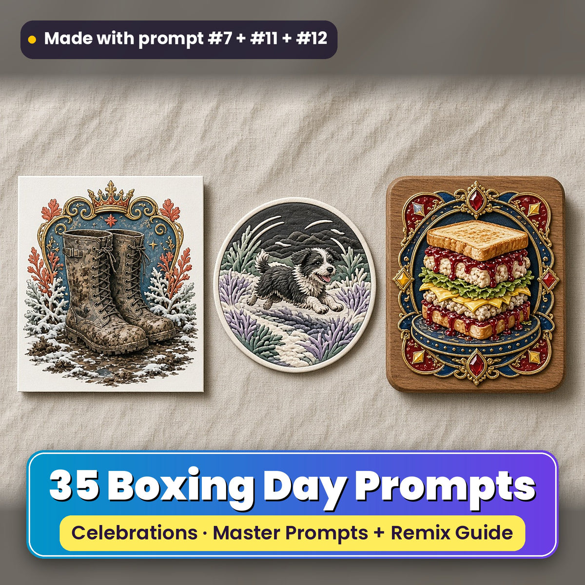 Boxing Day prompt pack: 35 master prompts + Remix Guide, with a UV-printed greeting card, acrylic ornament and mug set made with prompts #7, #11 and #12