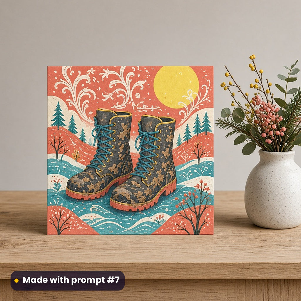 Boxing Day artwork printed on a flat-printed greeting card: muddy boots after a Boxing Day walk, fantasy heraldic style, made with prompt #7 from this pack