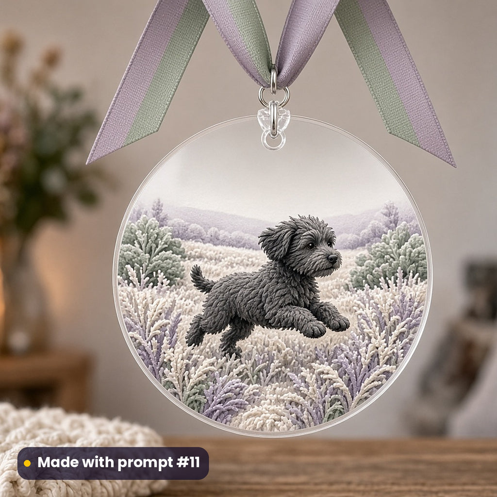 Boxing Day artwork printed on a UV-printed clear acrylic ornament: dog bounding through frosty fields, handcrafted clay illusion style, made with prompt #11 from this pack