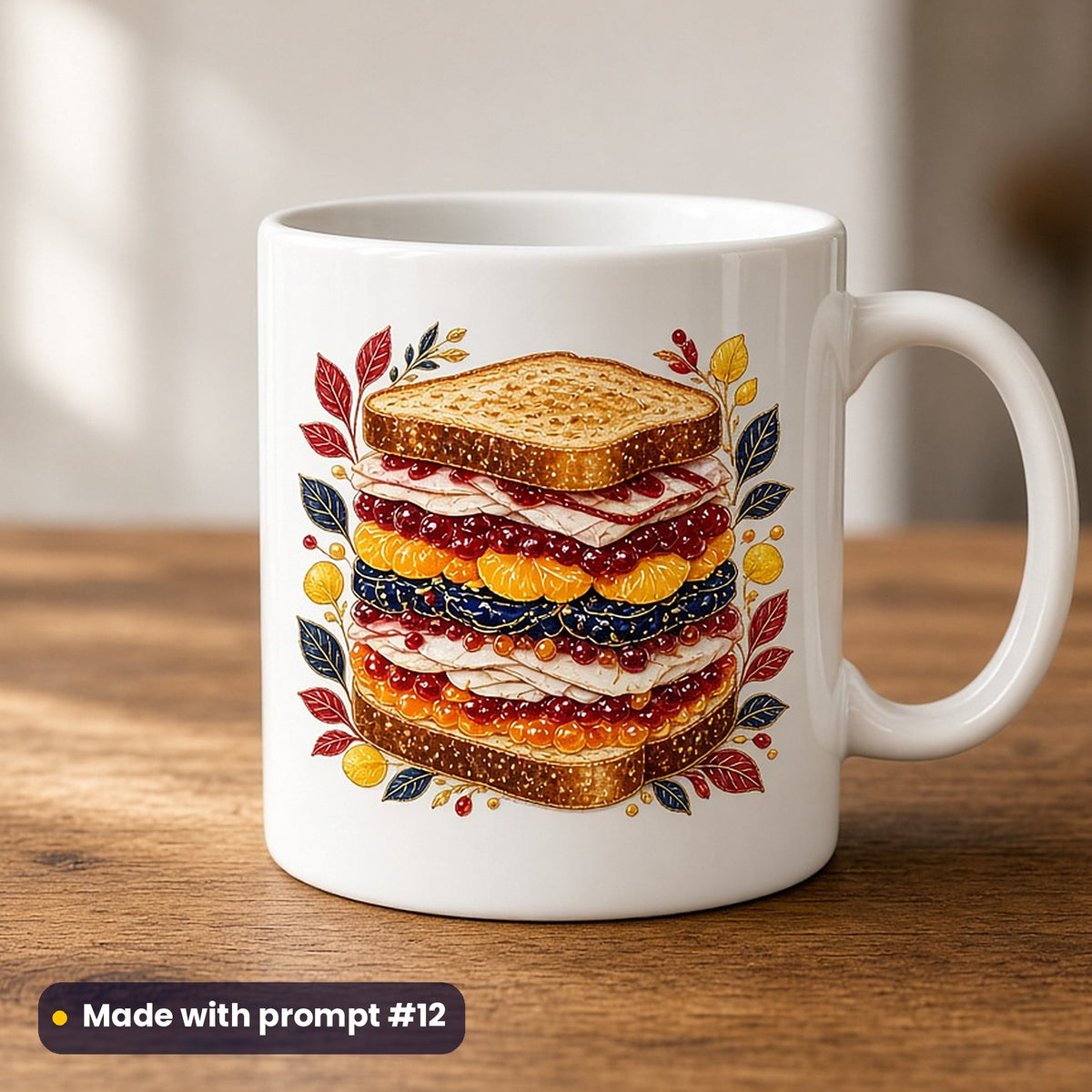 Boxing Day artwork printed on a UV-printed ceramic mug: leftover turkey sandwich stack, luxury enamel & gemstone style, made with prompt #12 from this pack