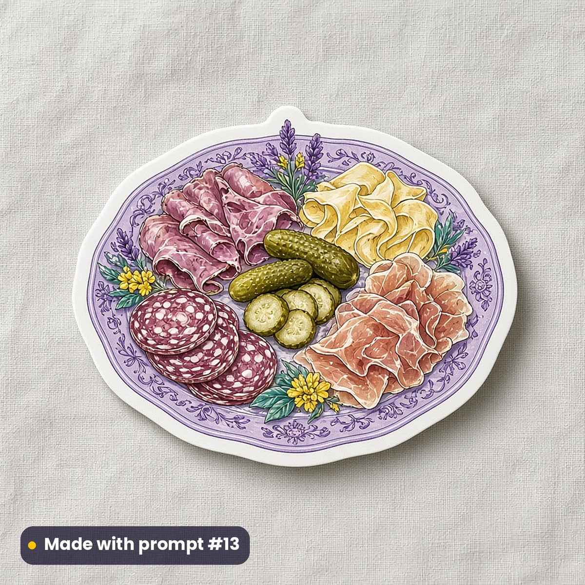 Boxing Day artwork printed on a die-cut vinyl sticker: cold cuts and pickles board, luxury porcelain style, made with prompt #13 from this pack